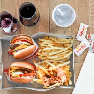 in-n-out burgers and fries with wine