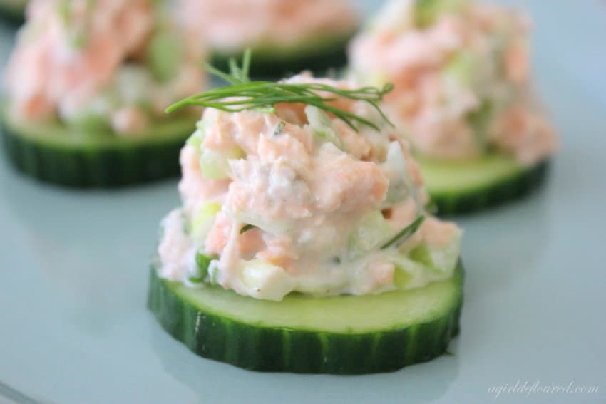 Dilly Salmon Salad Recipe on Cucumber Rounds GFree Foodie