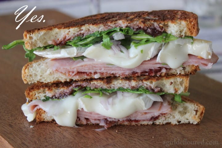 Grilled Cheese with Fig Jam, Goat Brie, Applewood Smoked Ham & Arugula