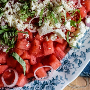 Summer Watermelon Salad with shallots, basil, lime and feta.