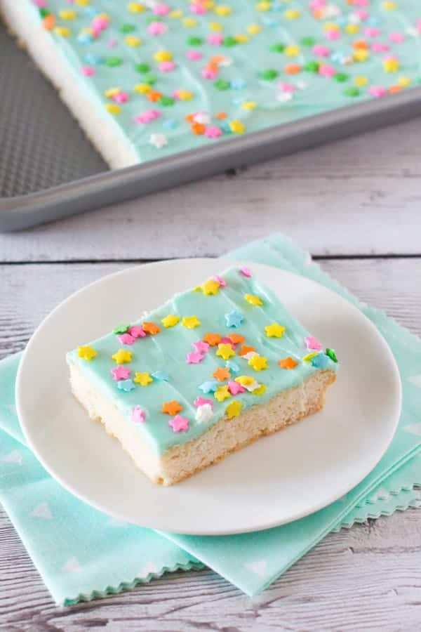 gluten free sugar cookie bars with blue frosting