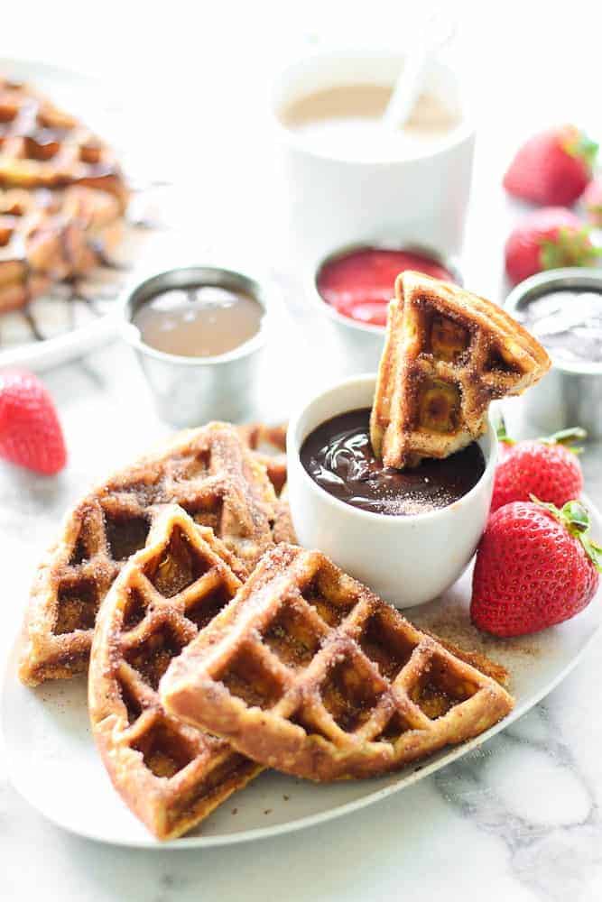 Churro Waffles With Chocolate, Strawberry & Caramel Dipping Sauce