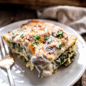White Lasagna using gluten-free lasagna sheets and with Mushrooms, Spinach and Artichokes recipe