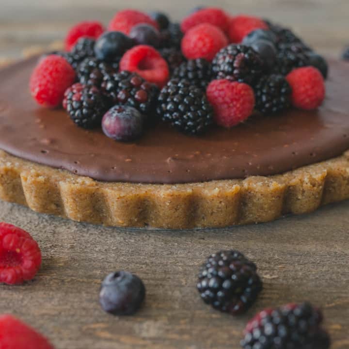 Dark Chocolate Tart with Walnut Crust + Fresh Berries
