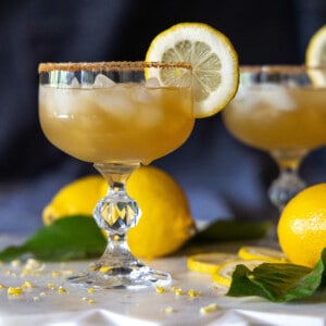 Lemon Crush Cocktail with a coconut sugar rim and lemon garnish
