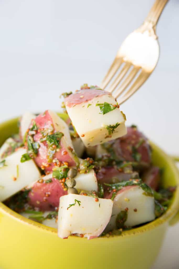 one piece of warm red potato salad recipe on a fork