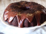 double chocolate cake in a bundt sytle with chocolate glaze