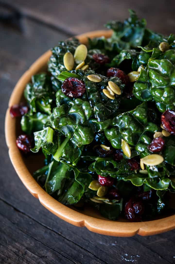 Kale Salad with Cranberries and Pumpkin Seeds