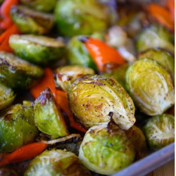 Roasted Brussels Sprouts with Red Peppers and Shallots