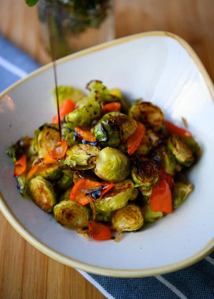 how to make Roasted Brussels Sprouts with Red Peppers and Shallots