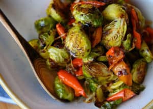 Easy Roasted Brussels Sprouts with Red Peppers and Shallots