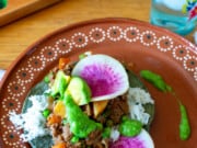 Vegan Picadillo Tostadas with Rice and Peas by Kate Ramos