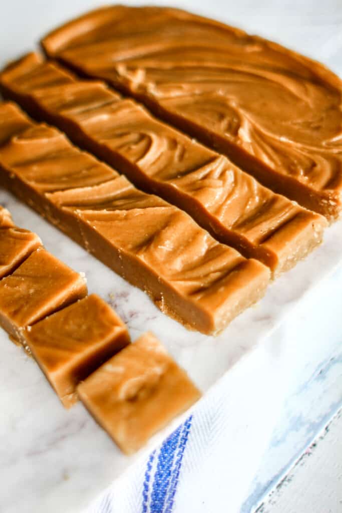 A batch of peanut butter fudge on a marble slab