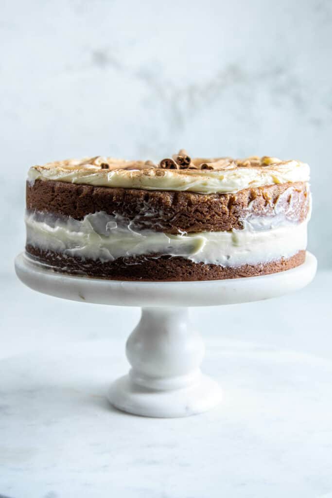 snickerdoodle cake on cake stand