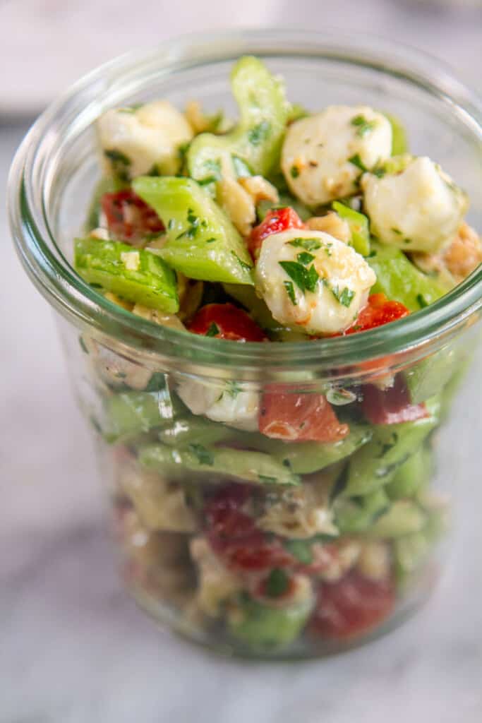 Celery Salad with mozzarella and peppers in a jar