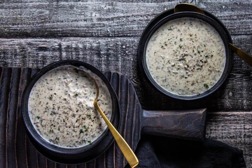 two bowls of cream of mushroom soup