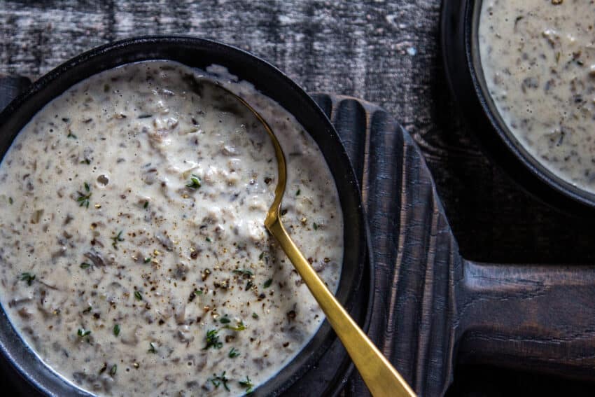 two bowls of cream of mushroom soup