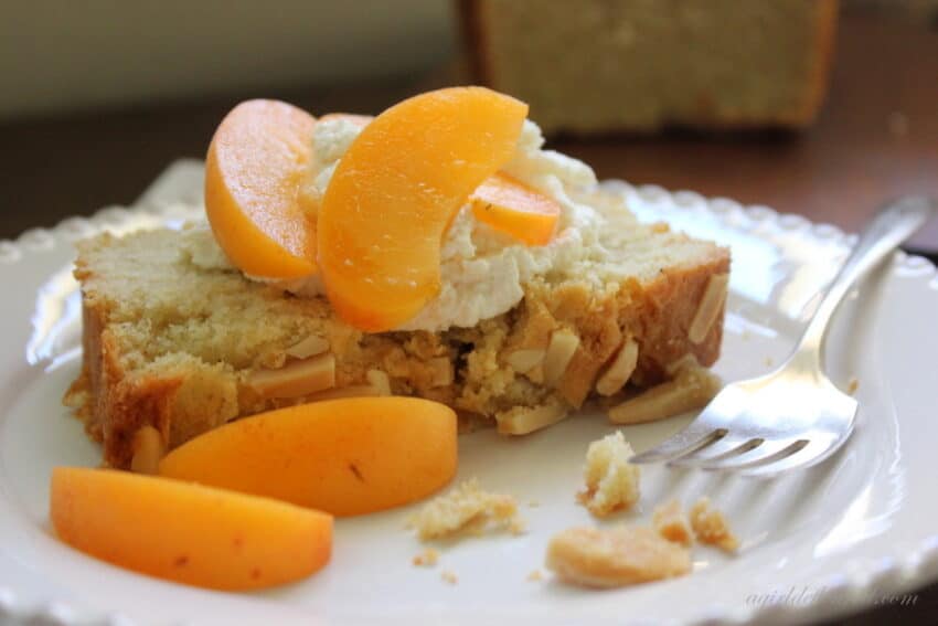 gluten-free pound cake slice with peaches