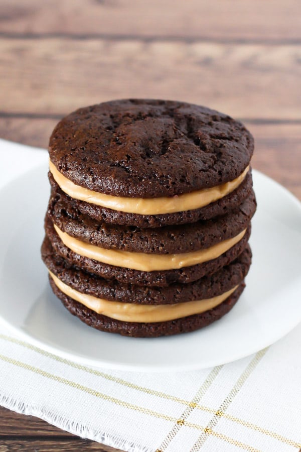 cholate peanut butter cookie sandwiches stacked up