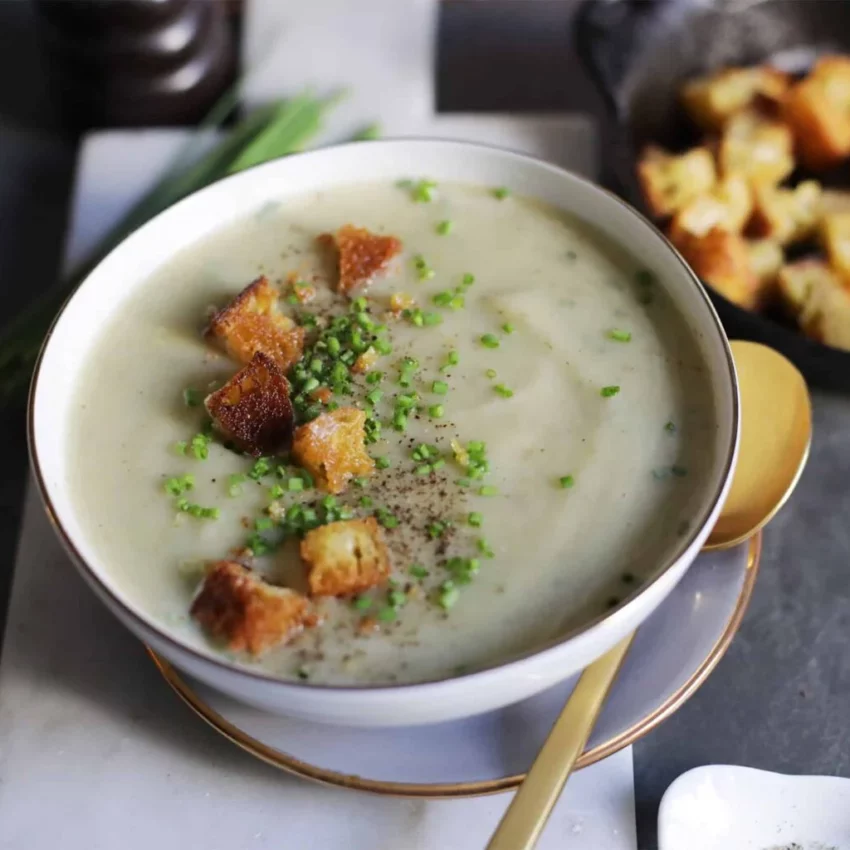 a bowl of potato leek soup from Salt and Wind