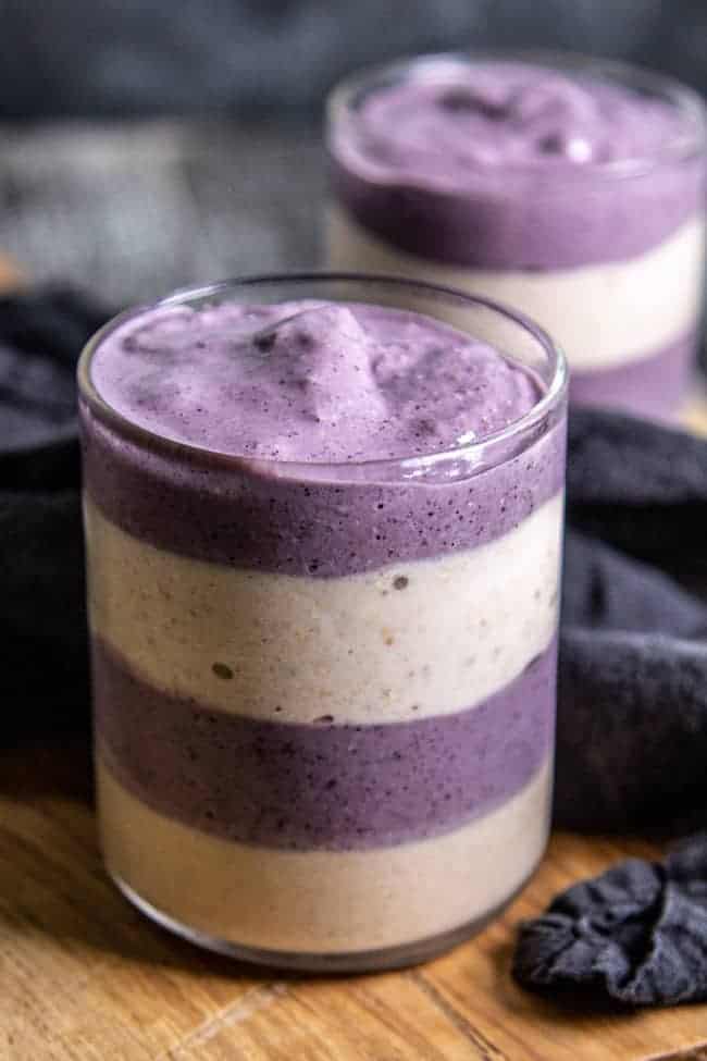 layered blueberry banana bread smoothie from This Mess is Ours