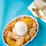 dish of fruit cobbler with ice cream