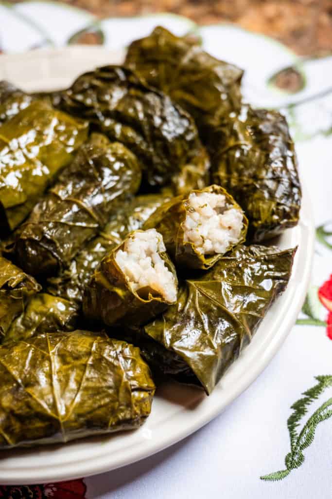 plate of stuffed grape leaves with rice