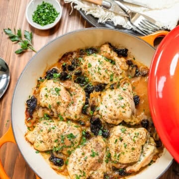 Easy Sweet & Savory Chicken Thighs Recipe - finished chicken thighs in pan with sauce